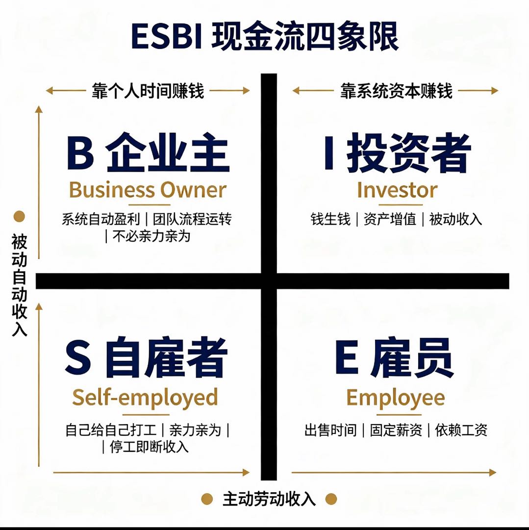 ESBI 现金流四象限：横轴靠个人时间赚钱 vs 靠系统资本赚钱，纵轴主动劳动收入 vs 被动自动收入